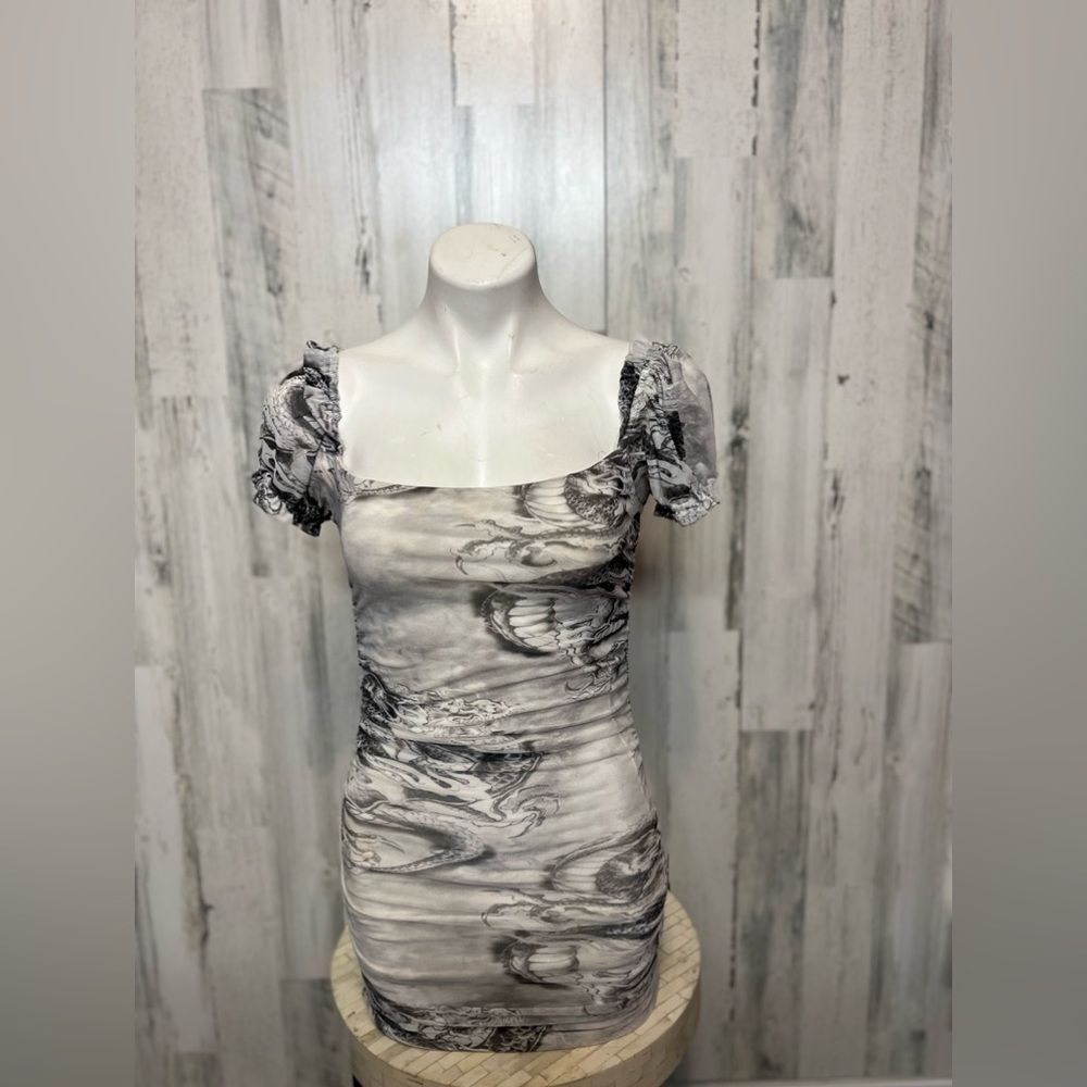 AKIRA Women’s Small Gray Dragon Print Mesh Mini Dress Puff Sleeve Ruched Bodycon
